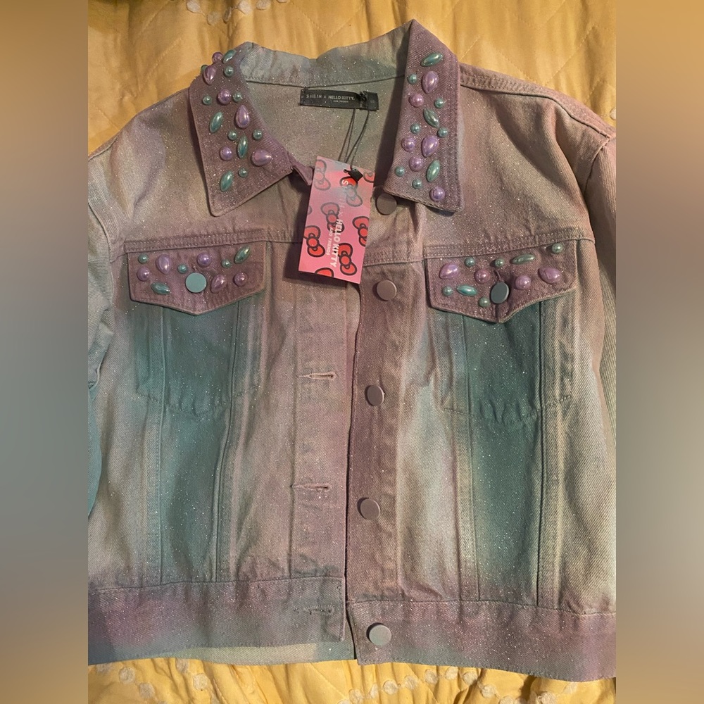 Help kitty shein custom bedazzled/ glitter denim jacket. NWT. Size small.